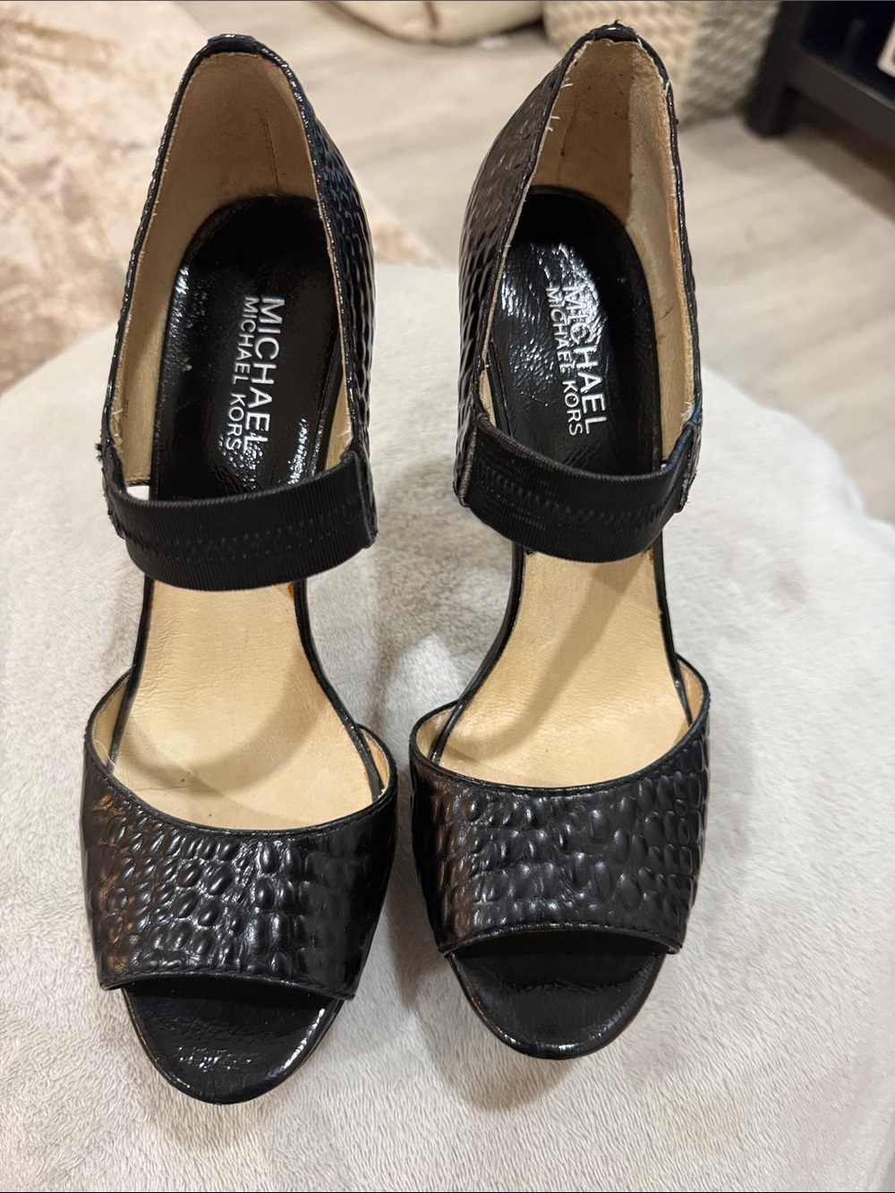 MICHAEL Michael Kors Black Textured Peep-Toe Ankle-Strap Heels
